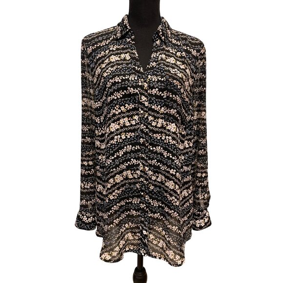 floral print lightweight long sleeve button front blouse split back - Picture 1 of 8